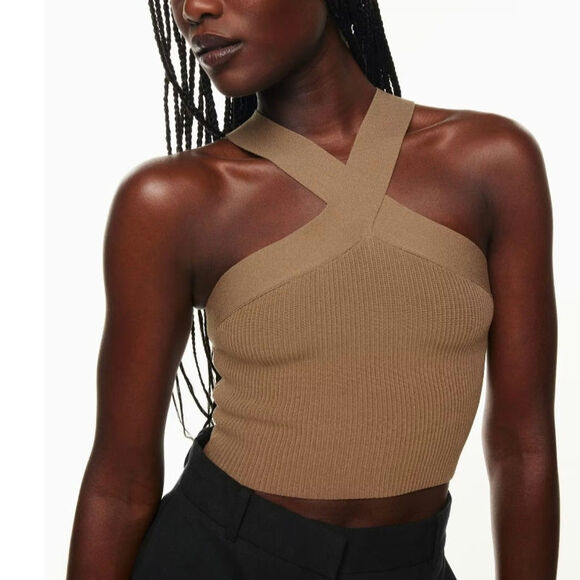Babaton Saville Tan Sculpt Knit Criss Cross Cropped Tank Womens XS Halter Top - Picture 1 of 10